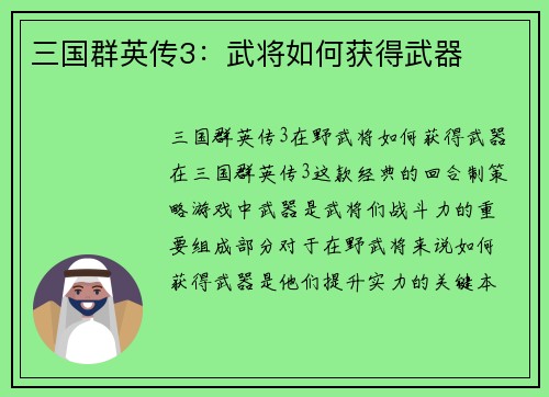 三国群英传3：武将如何获得武器